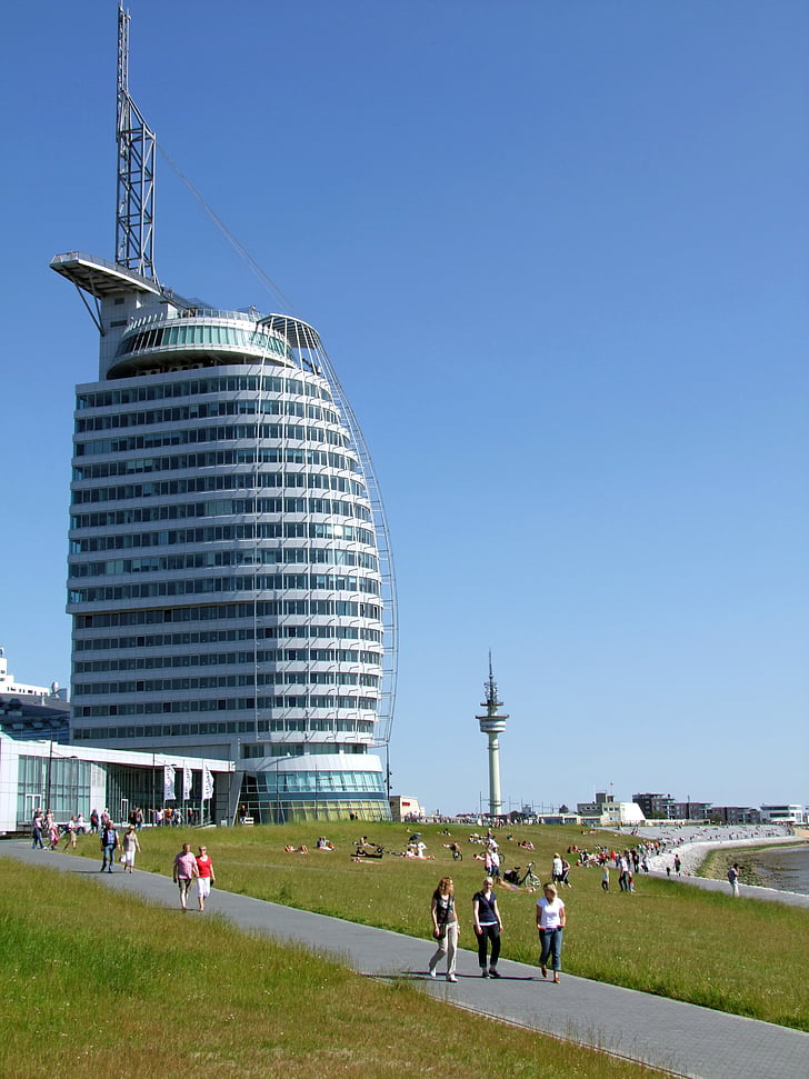 bremerhaven, building, architecture, sail city hotel, view, observation deck dyke, on the river weser