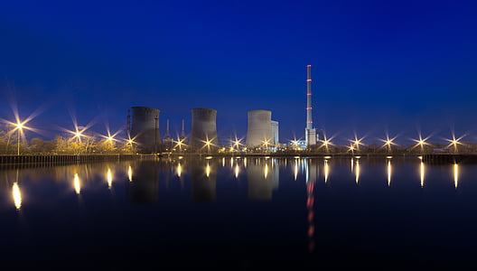 architecture, buildings, energy, evening, illuminated, industry, lights