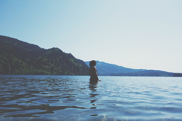 photo, woman, body, water, daytime, sea, hills