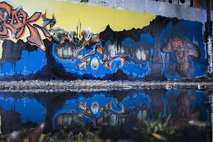 graffiti, modrá, zeď, městský, reflexe