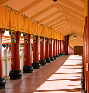 temple, buddhism, columns, pillars, perspective, hallway, corridor