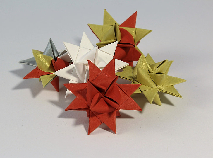 froebelsterne, star, fold, gold, red, atmospheric, christmas decoration