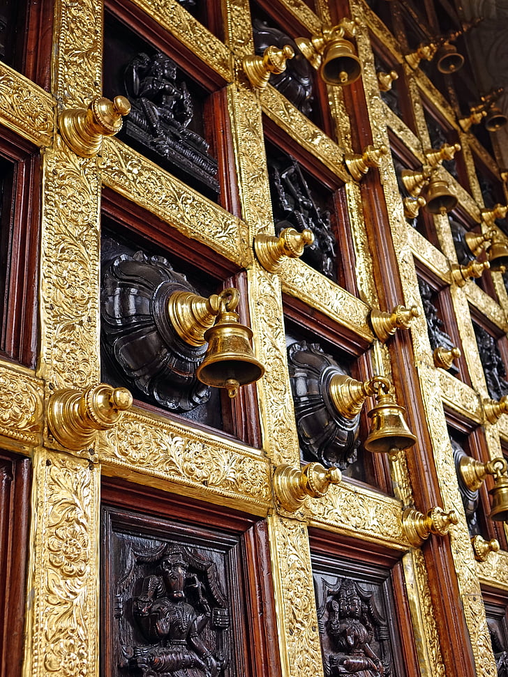Hinduiskt tempel, klockor, trä, dörr, arkitektur, gyllene, Ringmärkning