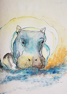 hippo, animal, watercolour, image, painting, watercolor drawing, watercolour painting