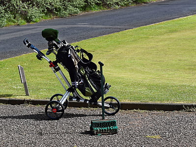 Golf, Golfbana, puttinggreen, golfklubbor, golfbag, vagn, vagn