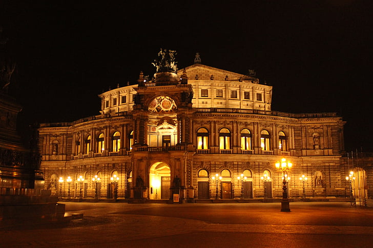 Semper opera house, Dresden, Opera, Opera house, Di malam hari, radeberger, malam