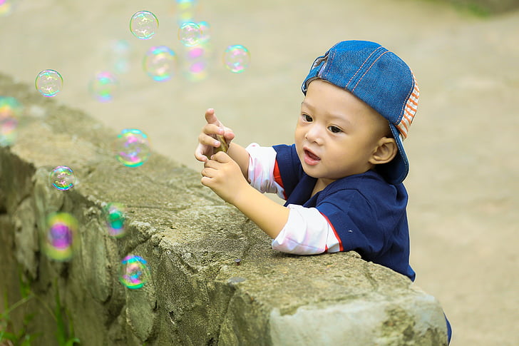 hrát, parku, Kid, ku shin, dítě, v parku, mýdlové bubliny