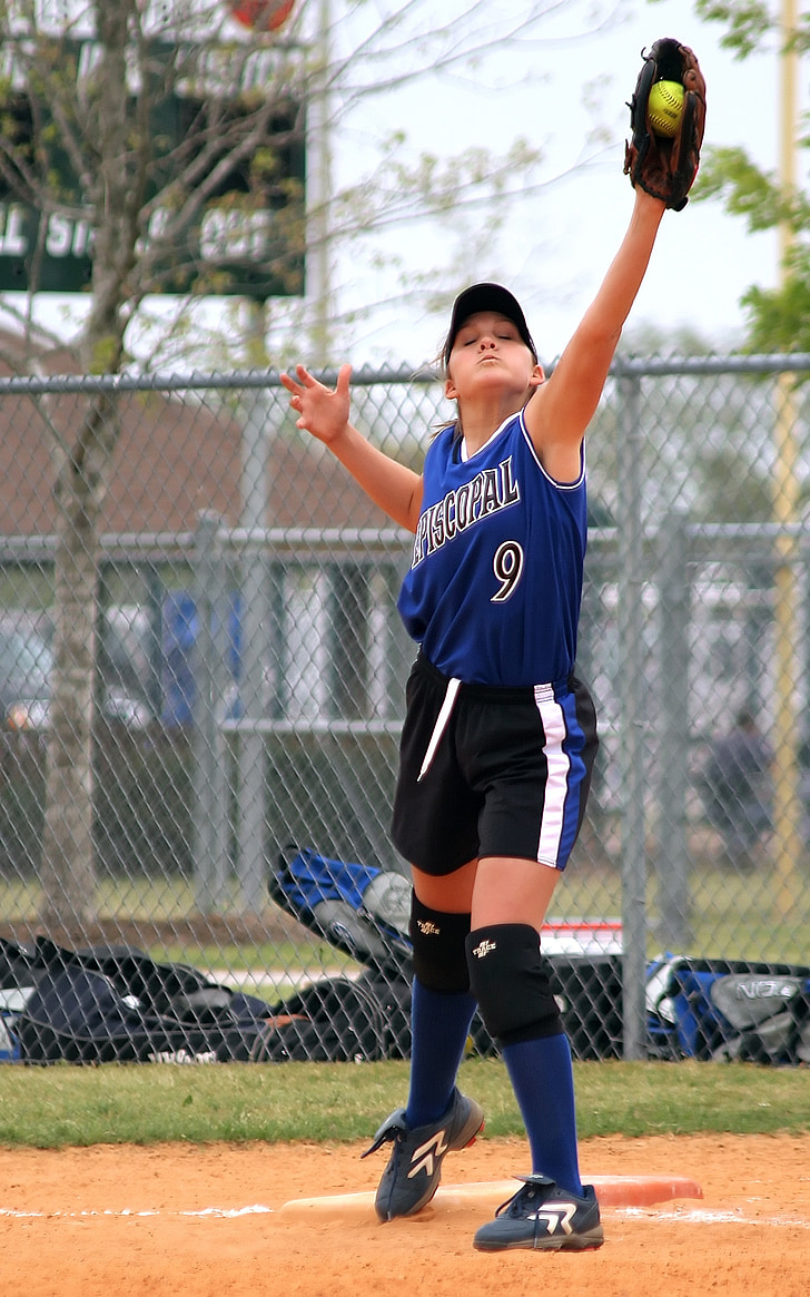 Softball, Mädchen-softball, erste base, fangen, Teenager, Mädchen, Sport