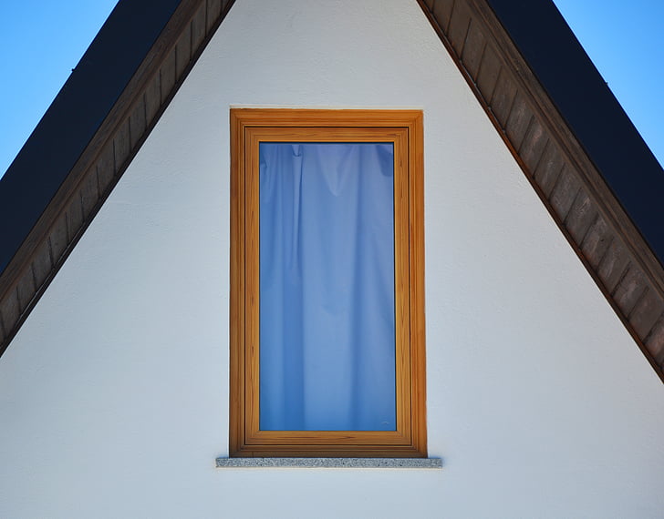 brun, trä, inramade, fönster, panelen, blå, gardin