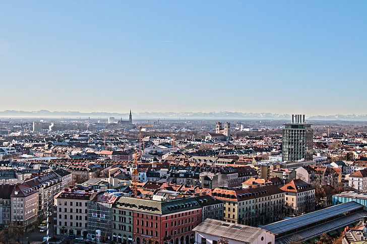 Munich, Bavaria, dari atas, kejauhan, pegunungan, ibukota negara, atap