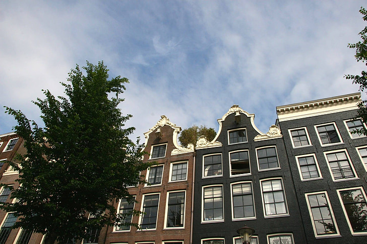 casa del canal, canal, azul, aire, nubes, árbol, Amsterdam