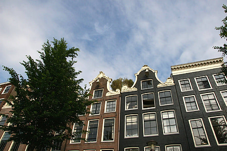 運河沿いの家屋, 運河, ブルー, 空気, 雲, ツリー, アムステルダム