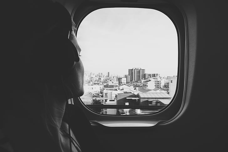 black-and-white, headphones, lady, monochrome, music, person, train