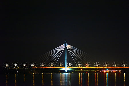 мост, Дунав, Виена, Австрия, архитектура, нощ, светлини