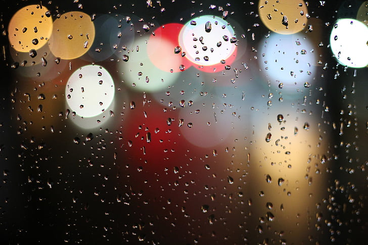 φώτα, νερό, θόλωμα, βροχή, σταγόνες βροχής, πολύχρωμο, πολύχρωμα
