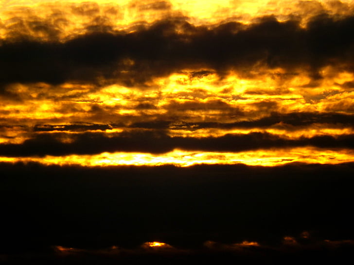 solnedgang, solen, skyen, himmelen, brann, rød, svart