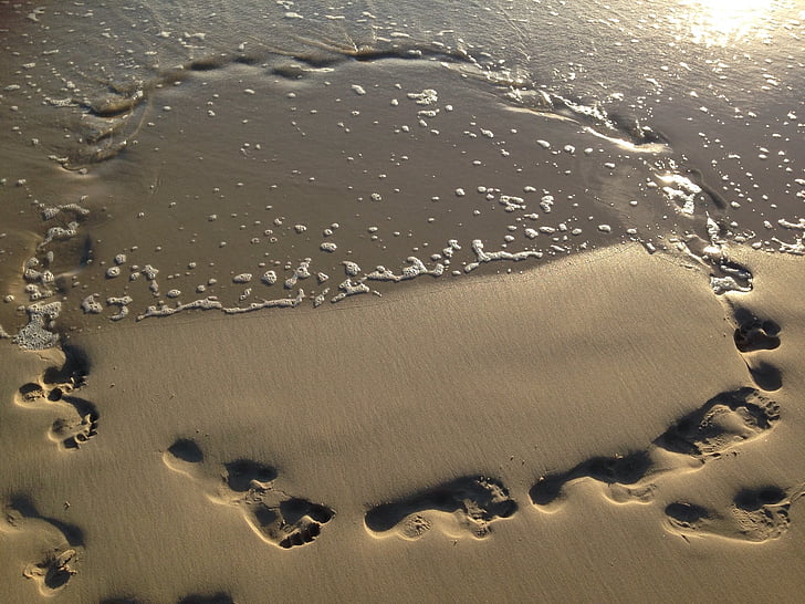 areia, pegadas, água, praia, mar, oceano, Costa