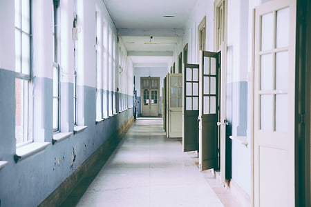 housing, gate, light blue, corridor, indoors, architecture, no people