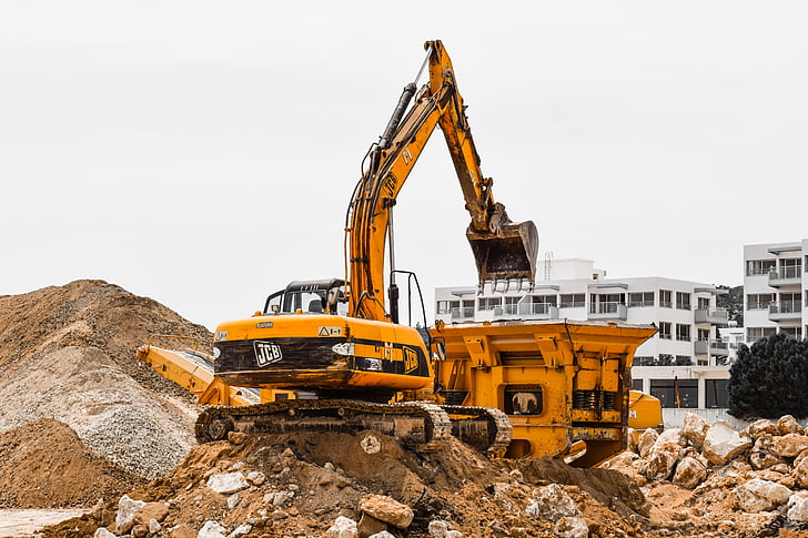 construction site, heavy machines, working, yellow, excavator, crusher, equipment