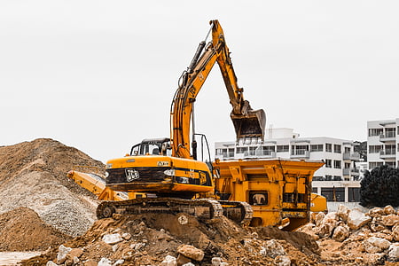 construction site, heavy machines, working, yellow, excavator, crusher, equipment