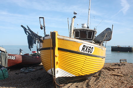 visserij, boot, Hastings, geel, kust, strand, aan de kust