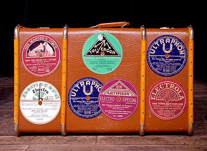 Bagage, sticker, oude koffer, schellak, 78-toeren, schellak label, Retro