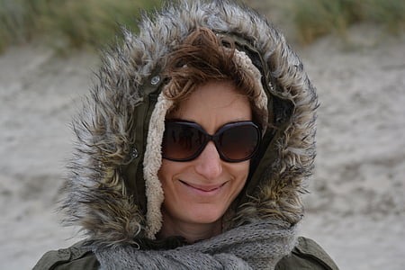 woman, winter, sunglasses, jacket, clothing, hood