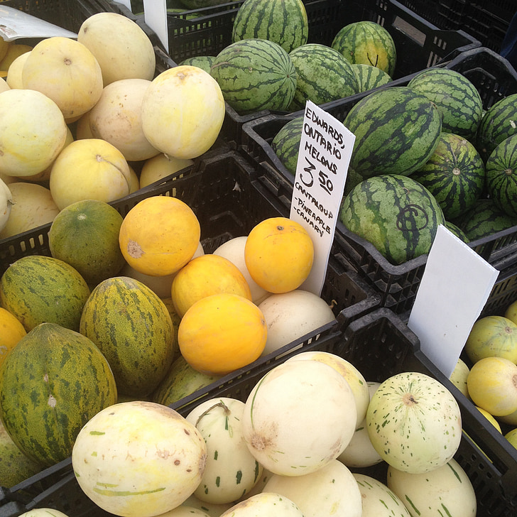 melóny, vodové melóny, ovocie, trhu