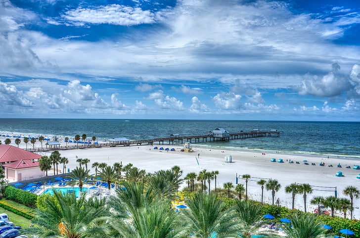 Clearwater paplūdimys, Florida, įlankos pakrantėje, vandens, kranto, atogrąžų, prieplaukos