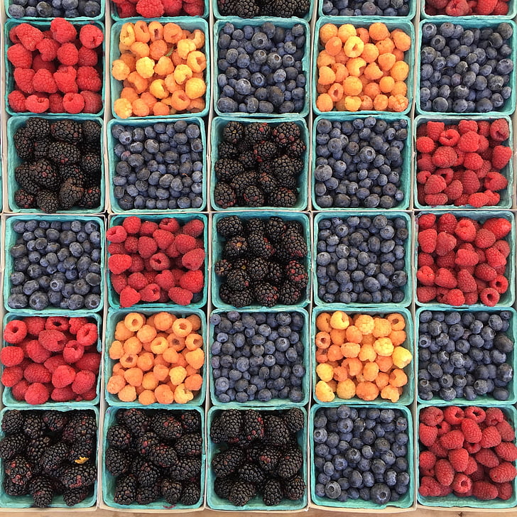 petits fruits, bleuets, boîtes de, alimentaire, Mulberry, framboises, variation