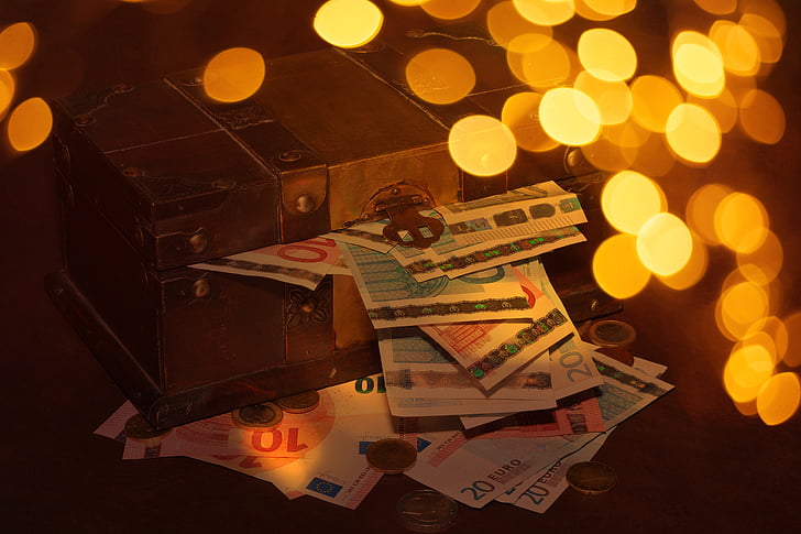 treasure chest, money, bokeh, lighting, paper money, coins, currency