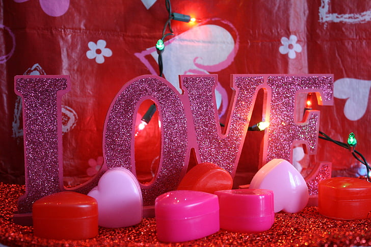 Saint-Valentin, Saint-Valentin, rouge, Rose, coeurs, lumières, festive