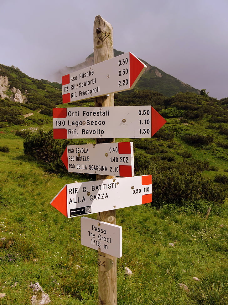 Crossroads, Trail, kartellen, signal, pilar, Mountain, vandring