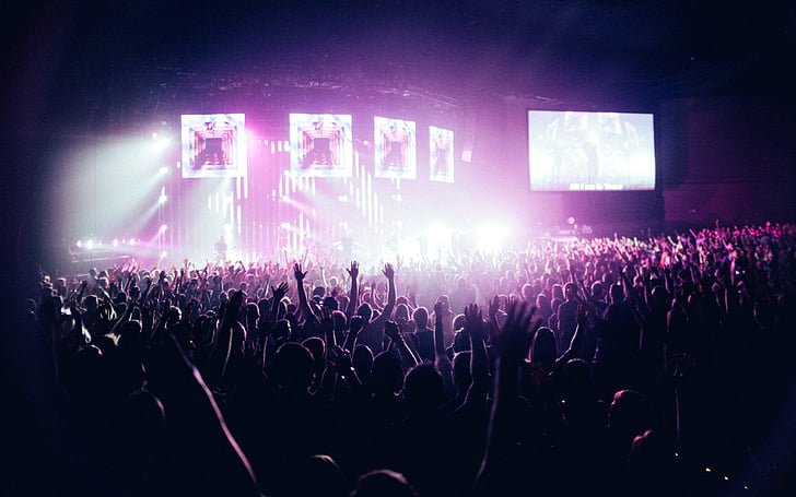 people, crowd, stage, spotlight, concert, stadium, lights