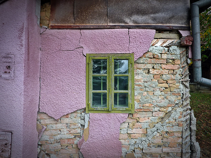cửa sổ, màu hồng, màu xanh lá cây, ngôi nhà, cũ, gạch, bức tường
