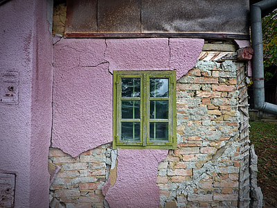 窗口, 粉色, 绿色, 房子, 老, 砖, 墙上