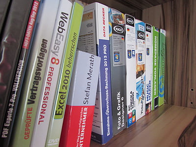 software, programs, shelf, cabinet