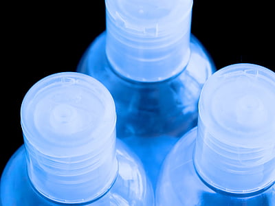 plastmasas, pudeles, caurspīdīgs, gaiši zila, šķidrums, zila, pudele