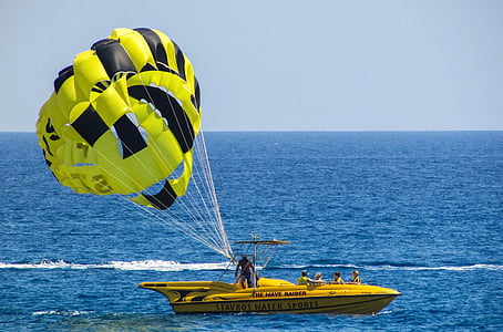 parachute, paragliding, yellow, balloon, sky, sport, activity
