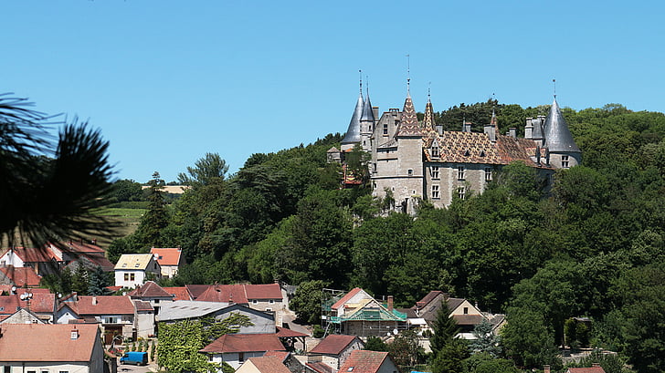 castelos, Castelo, o rochepot, Borgonha, França, azul, céu