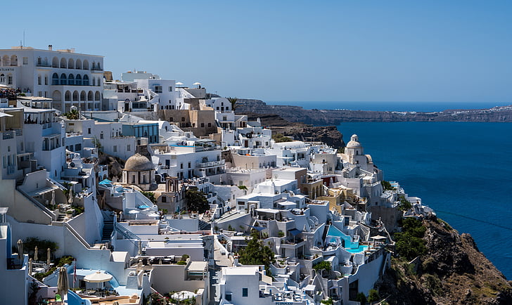Santorini, Oia, Grecia, turism, arhitectura, alb, albastru