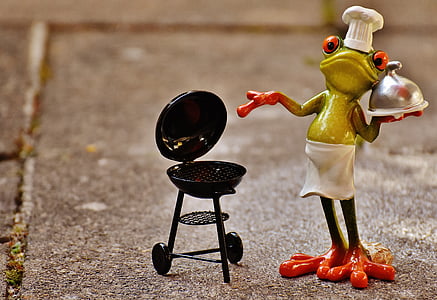 žaba, kuhanje, roštilj, slika, smiješno, roštilj, kuharskom kapom