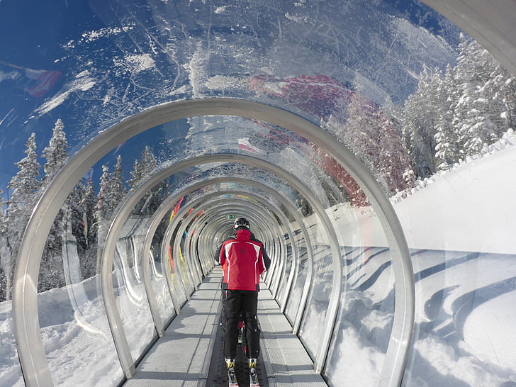 Ascensor, cinta de córrer, esquí, transport, neu, vidre, túnel