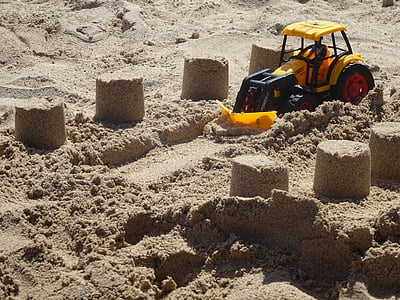 Žaislai, traktorius, paplūdimys, smėlio, miesto