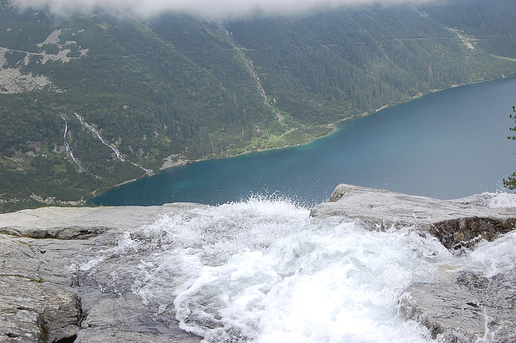 vista superior, paisaje, Tatra, Lago, agua, cascada, Tatry