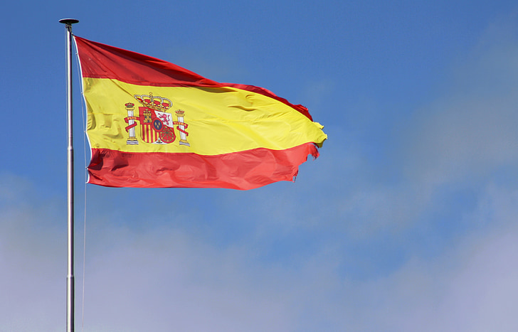 Flaga, Hiszpania, maszt, niebo, Herb, fala