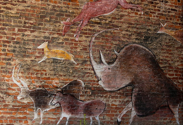 стена стенописи, праисторически стил, уличното изкуство, Графити, Африкански животни, праисторически, животните