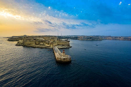 soloppgang, solnedgang, Malta, havn, Bay, Middelhavet, sjøen