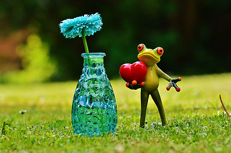 개구리, 사랑, 발렌타인의 날, 꽃병, 꽃, 유리, 인사말 카드