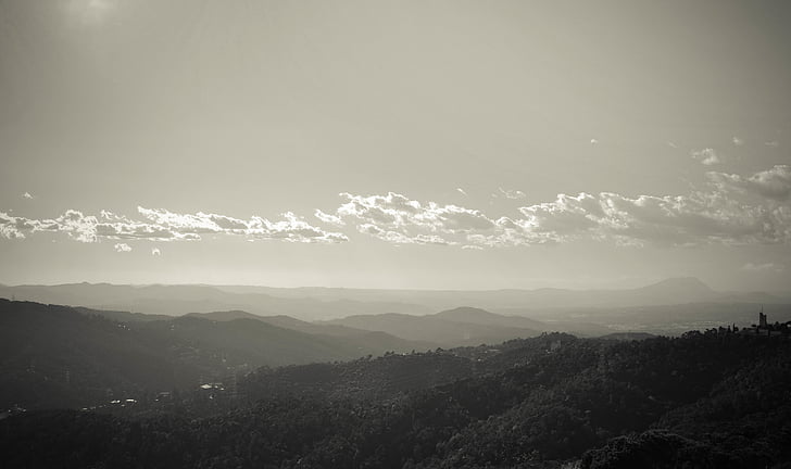 black-and-white, cloud, forest, hills, landscape, mountain, nature